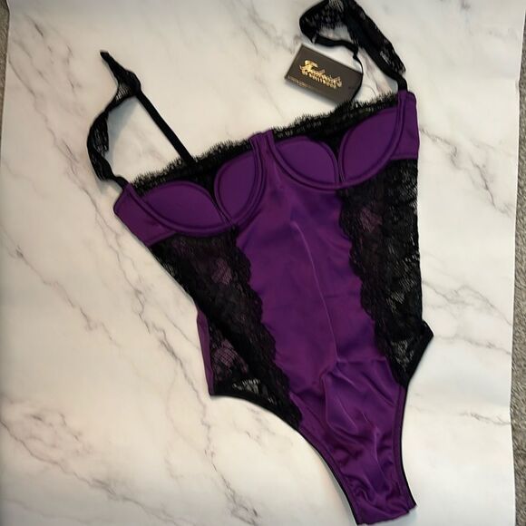 NWT Frederick's of Hollywood Ilana Purple Black Lace Mesh Bodysuit Teddy - Picture 3 of 9